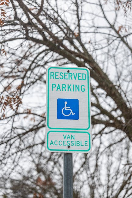 A street parking sign indicating reserved parking for disabled blue badge holders and van accessibility, mounted on a metal pole against a background of leafless tree branches and a cloudy sky. The sign features a blue and white wheelchair symbol, with green borders around the text. It is positioned outdoors, likely near a residential area, where house removals and furniture transport services by Man with Van Shadwell may be coordinated. The sign's presence suggests designated accessible parking spaces used for loading and unloading during home relocation or moving processes, supporting the logistics involved in professional removals and packing activities. The overall scene emphasizes the importance of adhering to parking regulations for efficient house removals and moving operations in the Shadwell area.